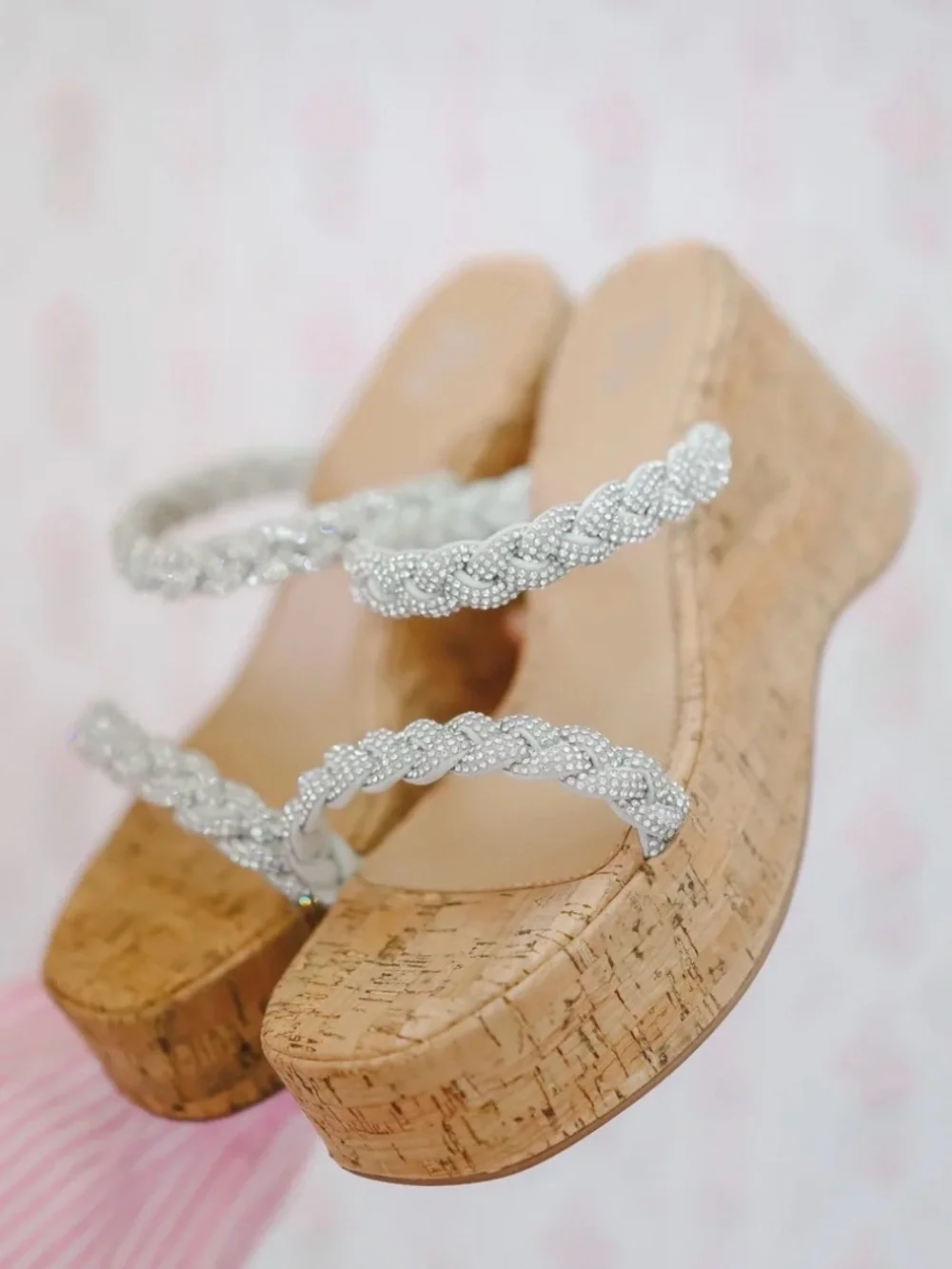 New!! Size 9 - Crystal Strap Cork Wedge Sandals - Silver